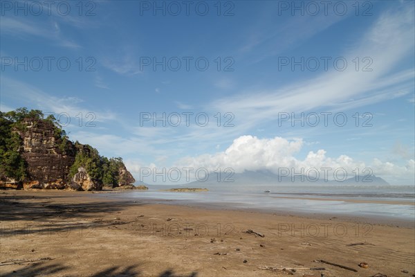 Cliff in Bako national park, sunny day, blue sky and sea. Vacation, travel, tropics concept, no people, Malaysia, Kuching, Asia