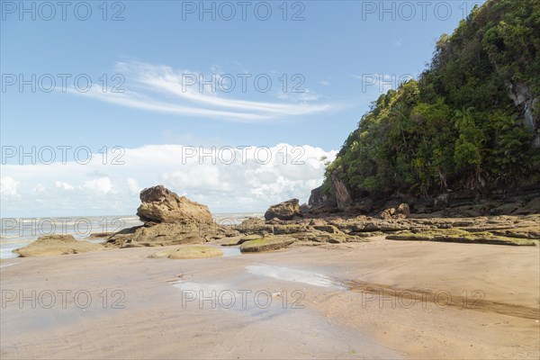 Cliff in Bako national park, sunny day, blue sky and sea. Vacation, travel, tropics concept, no people, Malaysia, Kuching, Asia