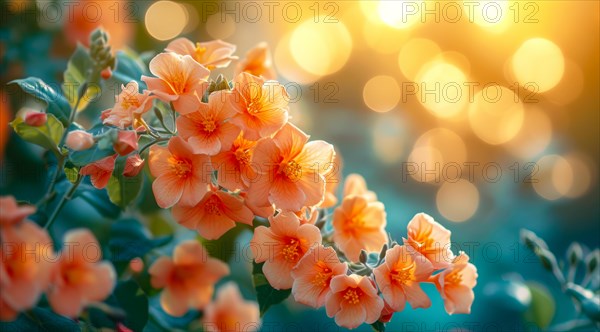 Vivid orange campsis summer jazz blossoms highlighted by warm light and a bokeh effect, AI generated