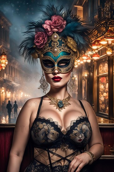 Sensual Woman in decorative mask and opulent attire set against a moody, baroque-inspired backdrop of a corner of Venice, carnival mardi grass celebration night, AI generated