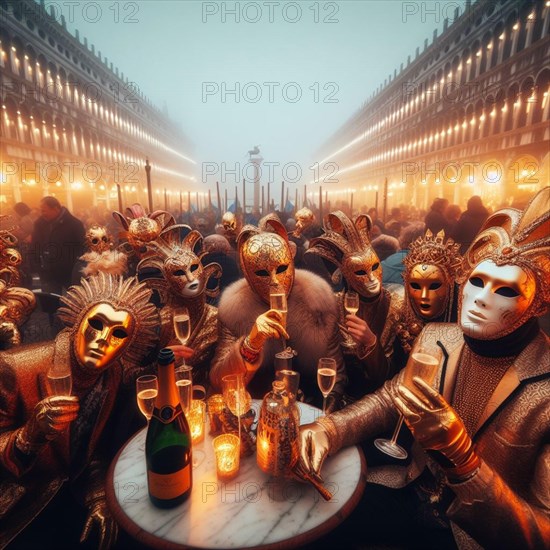 Lively masquerade party in Venice with golden tones and opulent costumes, people drink prosecco white sparkling wine, in St Marcus square landmark, celebrating mardy grass carnival time, ai generated, AI generated