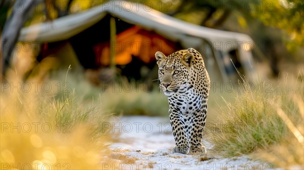 Leopard (Panthera pardus) in natural environment with tent camp for tourists in the background, AI generated