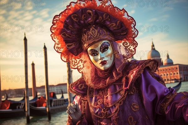 A person adorned in a richly detailed and colorful carnival costume, complete with an elaborate mask, participates in the iconic Venice Carnival, AI generated