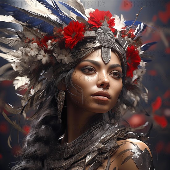 Portrait of an indigenous woman with elaborate feather jewellery in red, white and grey tones, expressive gaze, AI generated, AI generated