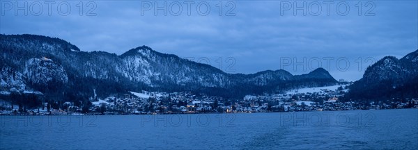 View over the Wolfgangsee, in the background St. Gilgen am Wolfgangsee, blue hour, panoramic shot, Salzkammergut, Flachgau, Salzburg province, Austria, Europe