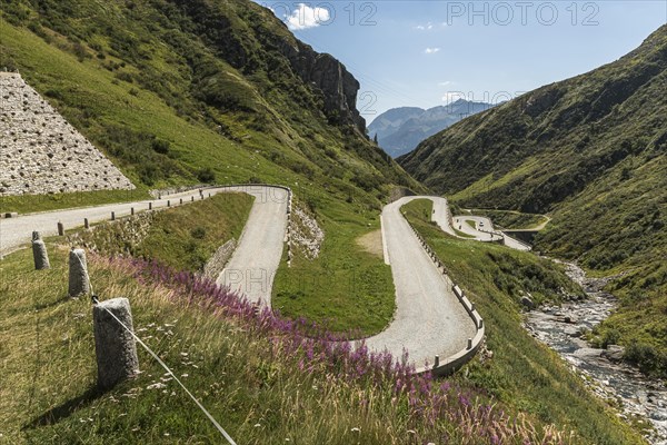 Gotthard Pass, view of the old pass road in Val Tremola, alpine mountain road with numerous hairpin bends, southern ramp, Canton Ticino, Switzerland, Europe