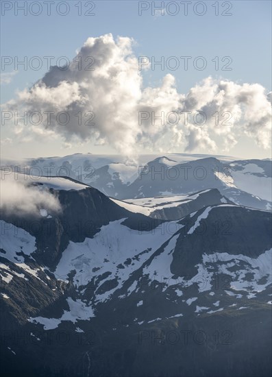 Mountain peak with Jostedalsbreen glacier, view from the summit of Skala, Loen, Norway, Europe