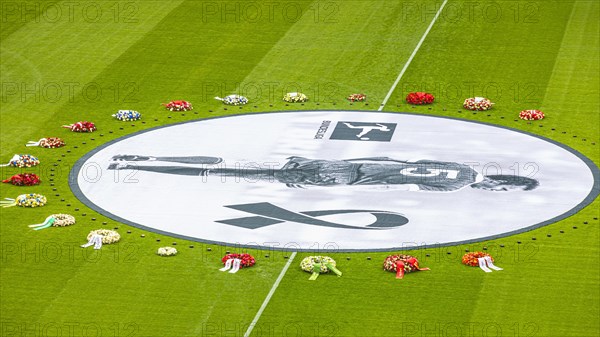 Banner with Franz Beckenbauer and wreaths of flowers, funeral service of FC Bayern Munich for Franz Beckenbauer, Allianz Arena, Froettmaning, Munich, Upper Bavaria, Bavaria