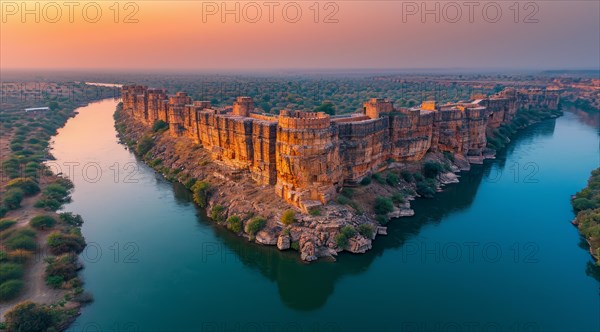 Sunset over Gandikota fort on the banks of the Penner river river with cliffs in Kadapa district, Andhra Pradesh, India during golden hour, AI generated