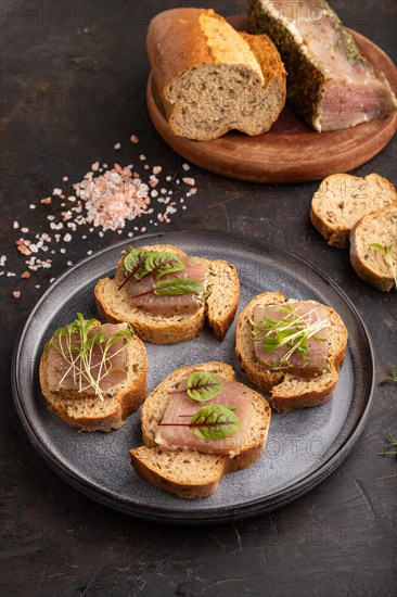 Bread sandwiches with jerky salted meat, sorrel and cilantro microgreen on black concrete background. side view, close up