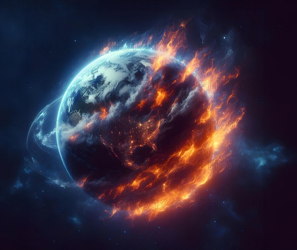 The earth is burning, symbolic image. Climate change, global warming, the environmental catastrophe caused by global warming of the earth, AI generated, AI generated