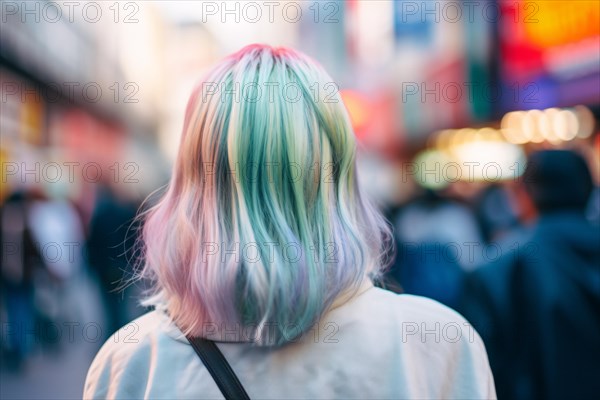 Back view of woman with colorful hair in street. Harajuku street fashion. KI generiert, generiert AI generated