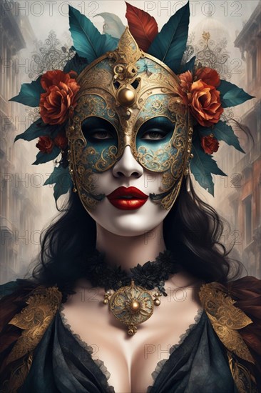 A mysterious and elegant masquerade mask with red lips and floral accents, venetian misty cityscape in the bakground, ai generated, AI generated