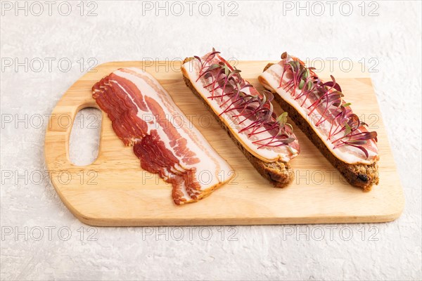 Bread sandwiches with jerky salted meat and lard with beet microgreen on gray concrete background. side view, close up