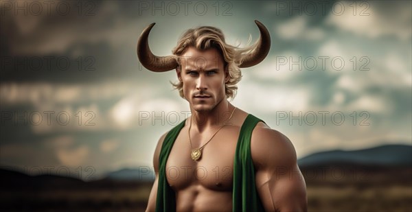 Young male Taurus zodiac sign with Taurus horns with blond hair and green eyes against the background of the starry sky.AI generated