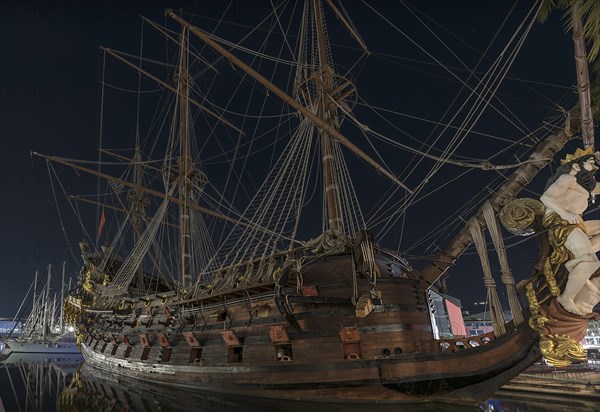 Spanish ship of the line from the 1680s, reconstructed for a film, in the old harbour of Genoa, Italy, Europe