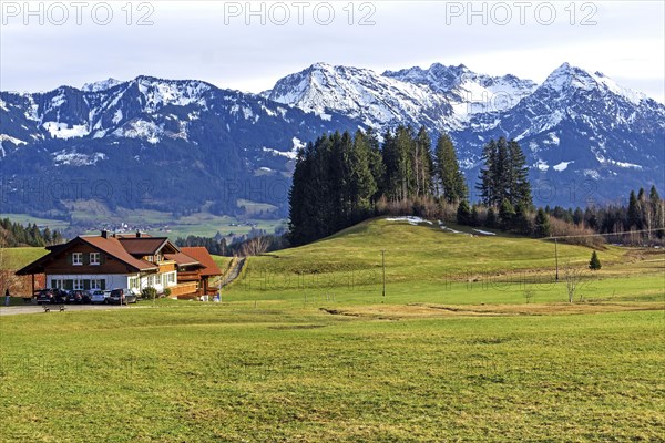 View of Heidelbeerkopf, Schnippenkopf, Entschenkopf and Rubihorn, near Kierwang, Illertal, Oberallgaeu, Allgaeu, Bavaria, Germany, Europe