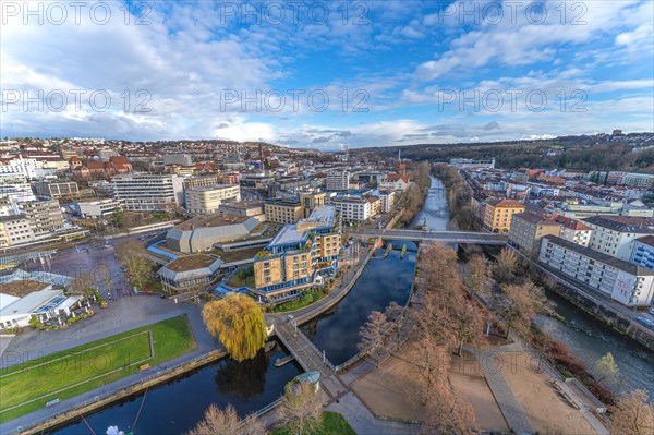 Panoramic view over a city with river and surrounding buildings in daylight, Pforzheim, Germany, Europe