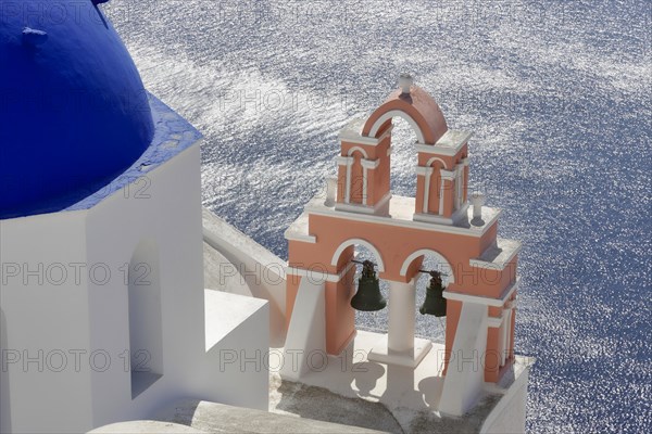 Santorini, Oia, blue domes, churches Agios Spyridon Agios Anastasis from above, Cyclades, Greece, Europe
