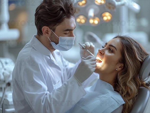 A patient is treated in a dental practice by a dentist, AI generated