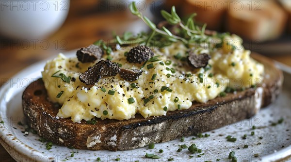 Scrambled eggs on a slice of toasted rye bread with truffle and chives, KI generated, AI generated