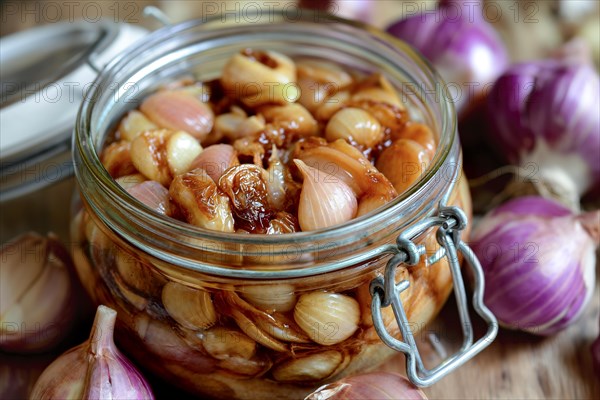 A glass jar with pickled garlic and shallots stands on a wooden table, KI generated, AI generated