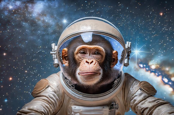 Science fiction, space travel, a chimpanzee in a spacesuit floating in space in front of a starry sky, AI generated, AI generated