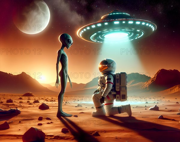 Science fiction, space travel, encounter of an extraterrestrial alien with a human on a foreign planet, a UFO lands behind, a flying saucer, AI generated, AI generated
