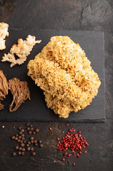 Raw Sparassis (Cauliflower Mushroom), Hericium, Clavaria (coral mushroom) on black concrete background with salt and spices. Top view, flat lay