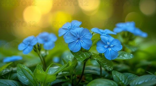 Tranquil scene with Ceratostigma willmottianum Forest Blue flowers and green leaves against a backdrop of soft bokeh lights, AI generated