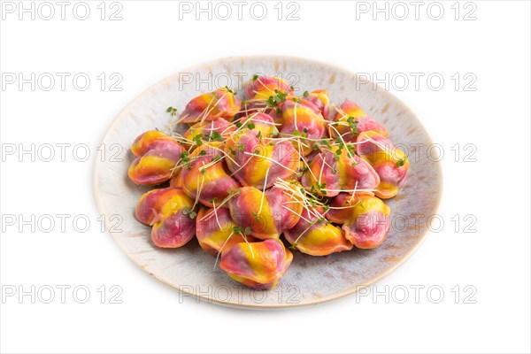 Rainbow colored dumplings with pepper, herbs, microgreen isolated on white background. Side view