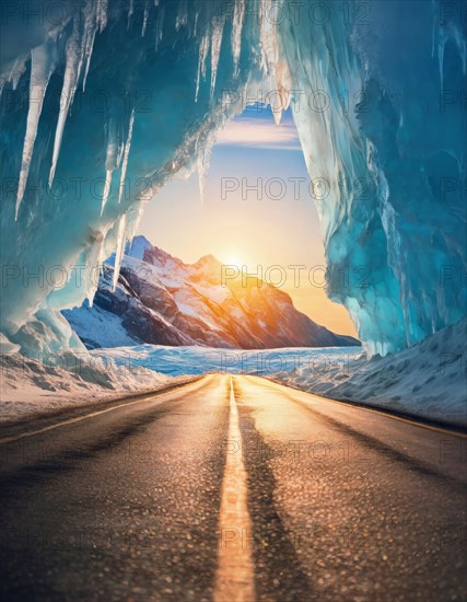 Straight asphalt road leads out of a glacier cave with huge ice crystal cliffs. Beautiful natural view to the sunset over the snowy mountains. Generative AI art, AI generated