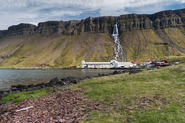 Baejararfoss waterfall, abandoned Djupavik herring factory, Reykjarfjoerour, Strandir, Arnes, Westfjords, Iceland, Europe
