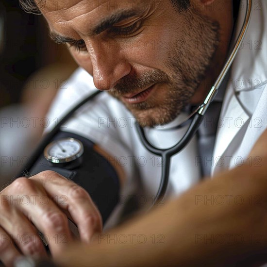 A man checks his blood pressure with a measuring device. Avoidance of bulk hypertension, scarcity, precaution, AI generated