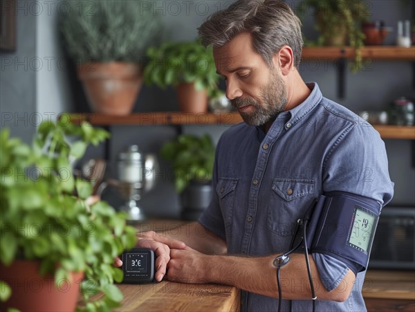 A man checks his blood pressure with a measuring device. Avoidance of bulk hypertension, scarcity, precaution, AI generated