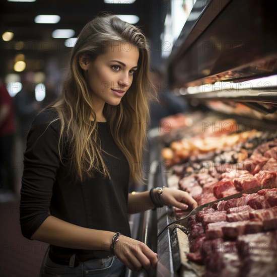 Young woman shopping in supermarket, at the cheese counter, meat counter, fruit stand, bakery, fish counter and shoe store, AI generated