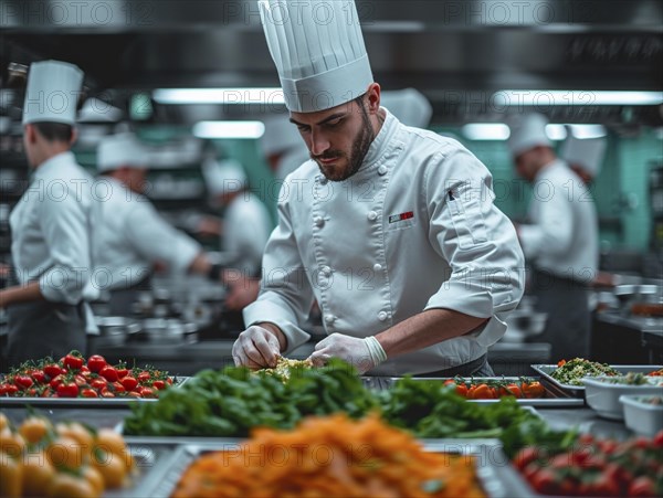 Chefs in a commercial kitchen at work, AI generated