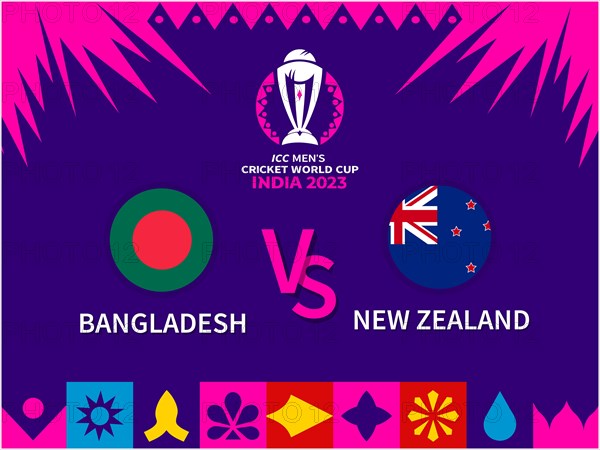 Promotional poster for a cricket match between Bangladesh and New Zealand in ICC Men's World Cup 2023