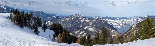Winter mood, snowy landscape, view from the Schafbergalm to the Mondsee, panoramic shot, near St. Wolfgang am Wolfgangsee, Salzkammergut, Upper Austria, Austria, Europe