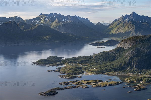 Fjord Raftsund and mountains, view from the top of Dronningsvarden or Stortinden, Vesteralen, Norway, Europe