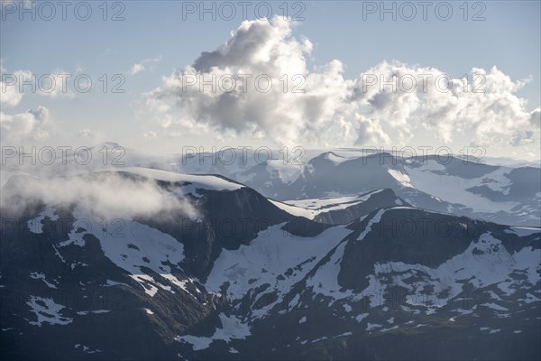 Mountain peak with Jostedalsbreen glacier, view from the summit of Skala, Loen, Norway, Europe