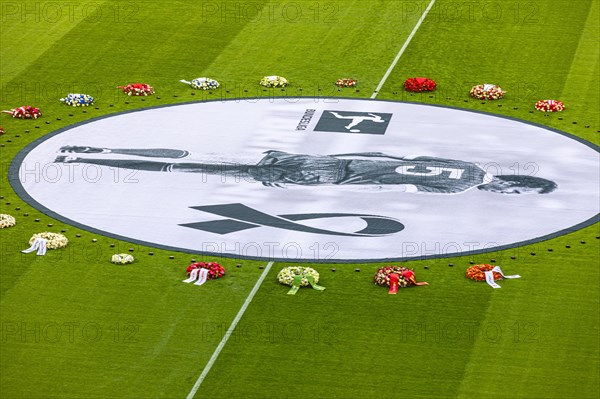 Banner with Franz Beckenbauer and wreaths of flowers, funeral service of FC Bayern Munich for Franz Beckenbauer, Allianz Arena, Froettmaning, Munich, Upper Bavaria, Bavaria