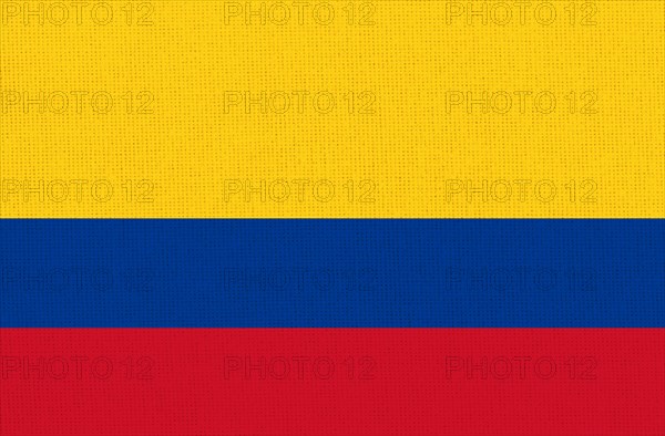 Close-up of a textured flag with horizontal yellow, blue, and red stripes, Flag of Colombia. Colombian flag on fabric surface. Colombian national flag on textured background. Fabric Texture. Colombian country. Republic of Colombia. 3 D illustration