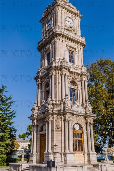 Four story clock tower in Istanbul park commissioned by Sultan Abdulhamid II in the early 19th century in Istanbul, Tuerkiye