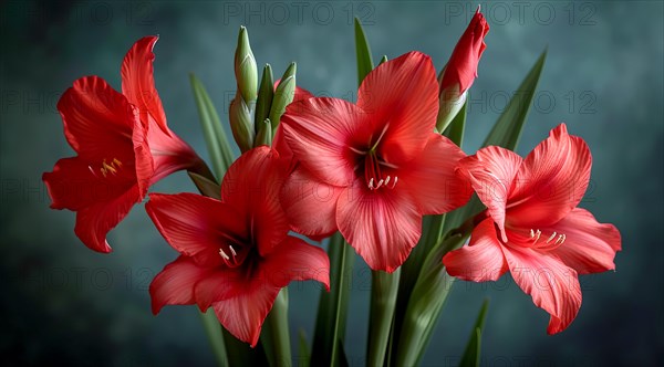 Vibrant red Butterfly sword lily, Gladiolus papilio blooms with green stems against a nuanced background, AI generated