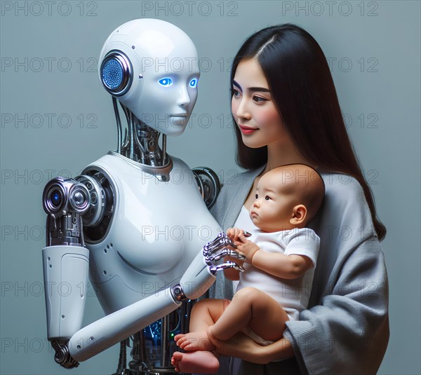 Science fiction, technology, a female humanoid robot and a human woman have a human baby in their arms, AI generated, AI generated