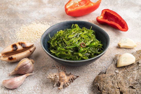 Chuka seaweed salad in blue ceramic bowl on brown concrete background. Side view, close up