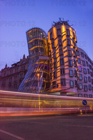 Dancing House of Prague (or Ginger and Fred building) a gem of modern architecture in Prague, Czech Republic, by night. Long exposure photography, Europe