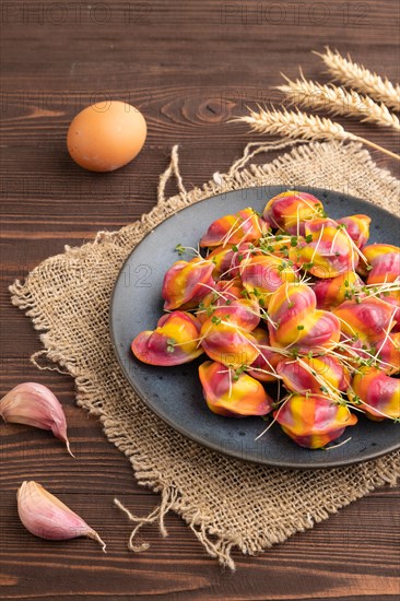 Rainbow colored dumplings with pepper, herbs, microgreen on brown wooden background and linen textile. Side view, close up