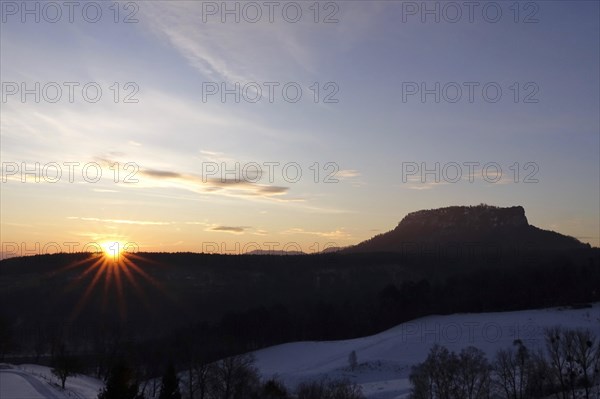 View of the Lilienstein, Elbe Sandstone Mountains in winter, Saxony, Germany, Europe